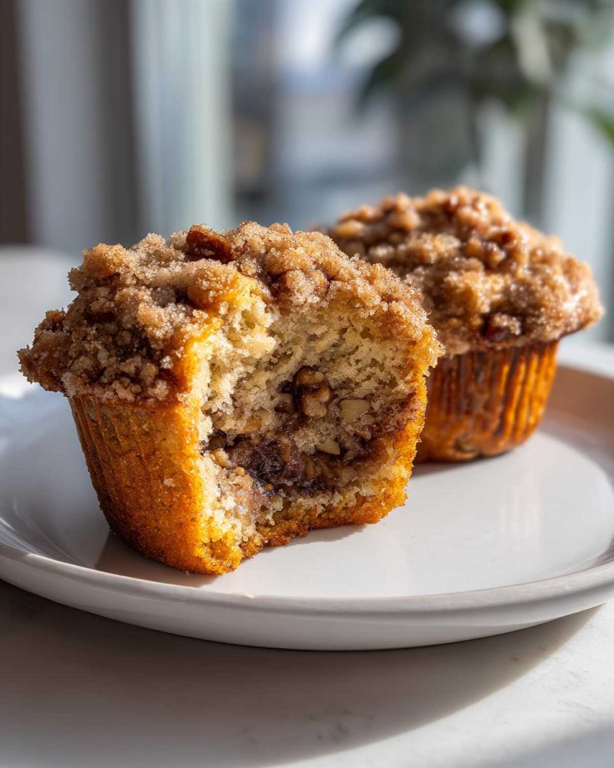 One pecan pie muffin is cut in half showing the gooey filling, next to a whole pecan pie muffins on a white plate.