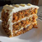 A tall, moist slice of carrot cake recipe layered with cream cheese frosting and covered in chopped nuts.