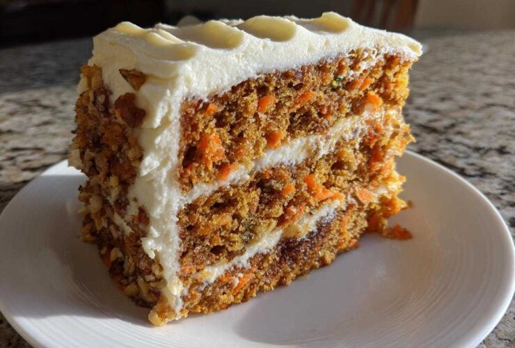 A tall, moist slice of carrot cake recipe layered with cream cheese frosting and covered in chopped nuts.