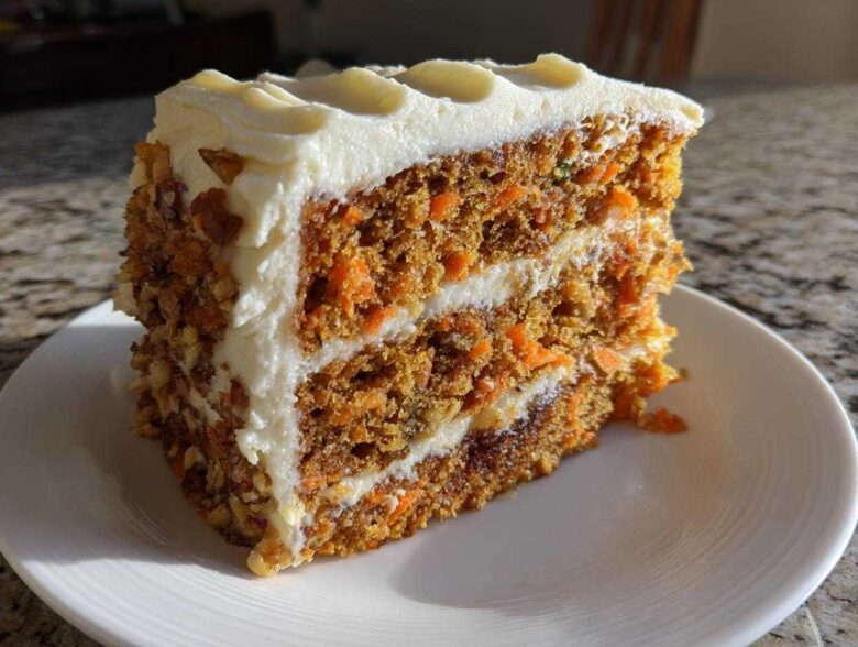 A tall, moist slice of carrot cake recipe layered with cream cheese frosting and covered in chopped nuts.