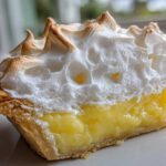 Close-up of a slice of lemon meringue pie showing tall, toasted meringue peaks over bright yellow lemon filling and flaky crust.