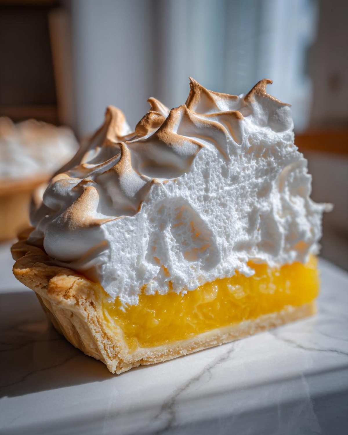 A close-up slice of lemon meringue pie showing bright yellow filling, flaky crust, and tall, torched meringue.