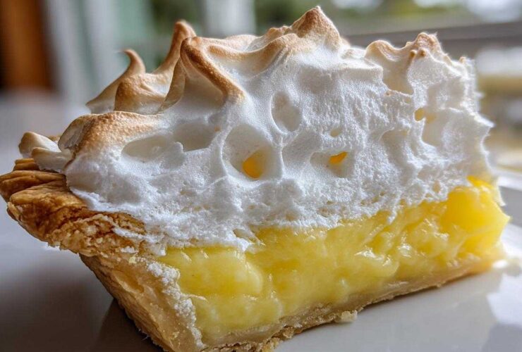 Close-up of a slice of lemon meringue pie showing tall, toasted meringue peaks over bright yellow lemon filling and flaky crust.