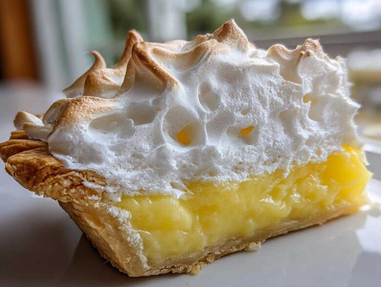 Close-up of a slice of lemon meringue pie showing tall, toasted meringue peaks over bright yellow lemon filling and flaky crust.