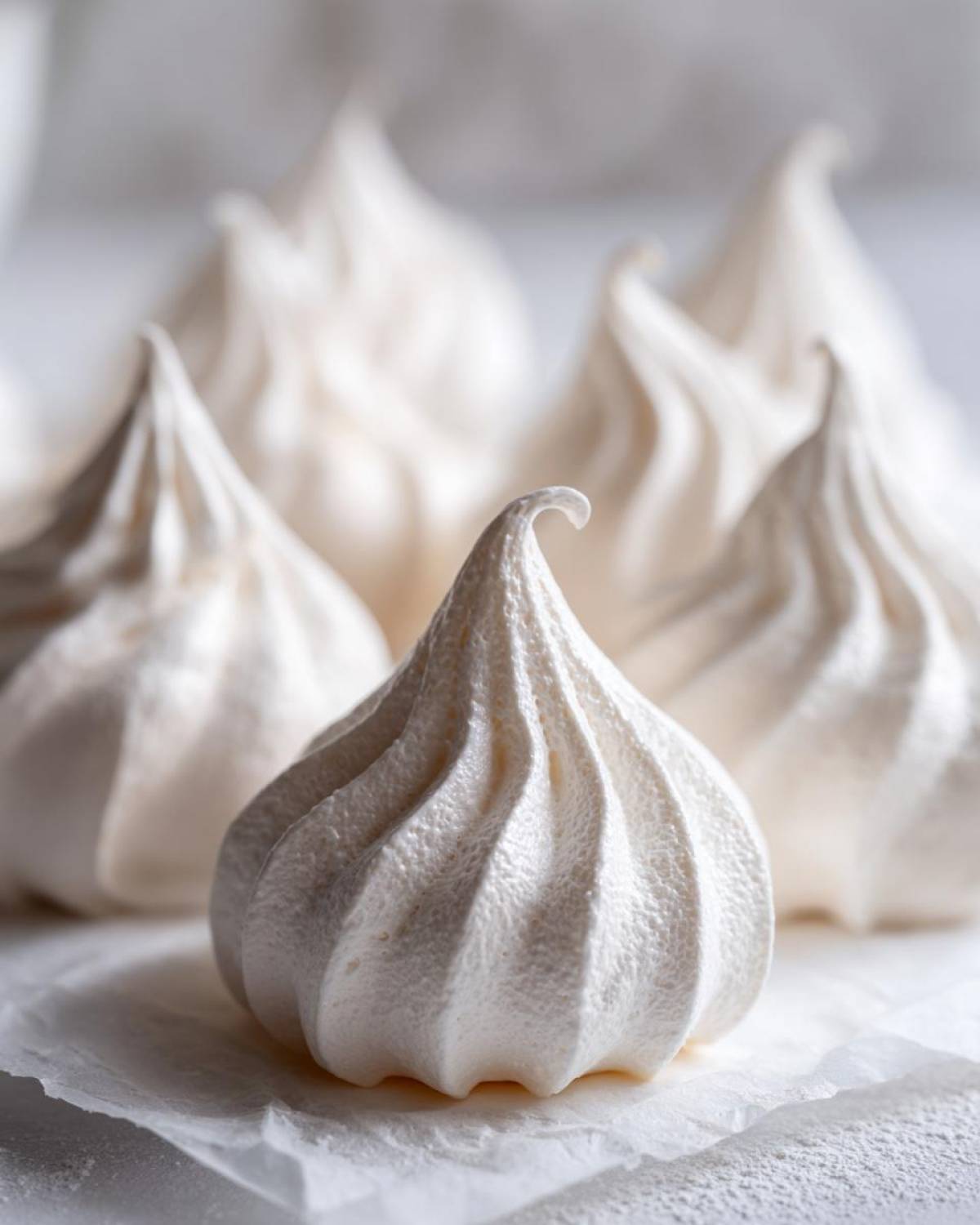 Close-up of a perfectly piped, crisp white meringue cookie with sharp ridges, set against a soft background of other meringue cookies.