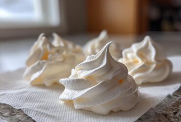 Close-up of four perfectly piped, white meringue cookies resting on a textured white paper towel.