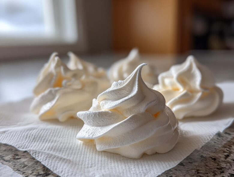 Close-up of four perfectly piped, white meringue cookies resting on a textured white paper towel.