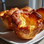 Close-up of several golden brown, perfectly risen yorkshire pudding cups on a white plate.