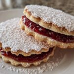 Close-up of two raspberry jam-filled linzer cookies dusted heavily with powdered sugar on a white plate.