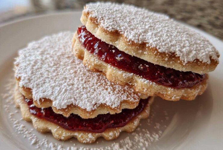 Close-up of two raspberry jam-filled linzer cookies dusted heavily with powdered sugar on a white plate.