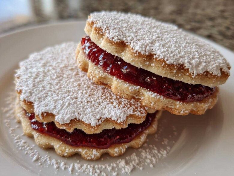 Close-up of two raspberry jam-filled linzer cookies dusted heavily with powdered sugar on a white plate.