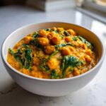 A close-up of a creamy, orange pumpkin curry loaded with chickpeas and wilted spinach in a white bowl.