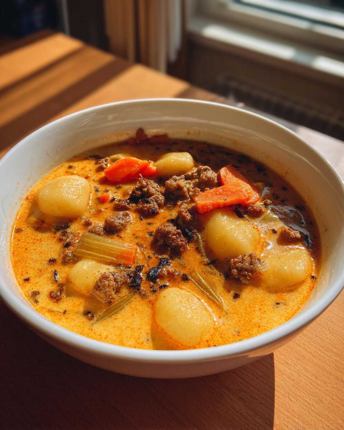 A close-up of a white bowl filled with rich, creamy gnocchi soup featuring ground meat, carrots, and celery.