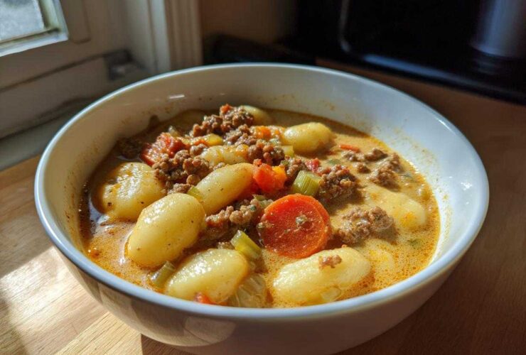 A close-up of a hearty bowl of creamy gnocchi soup featuring ground meat, sliced carrots, and celery.
