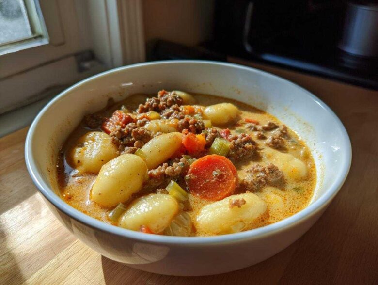 A close-up of a hearty bowl of creamy gnocchi soup featuring ground meat, sliced carrots, and celery.