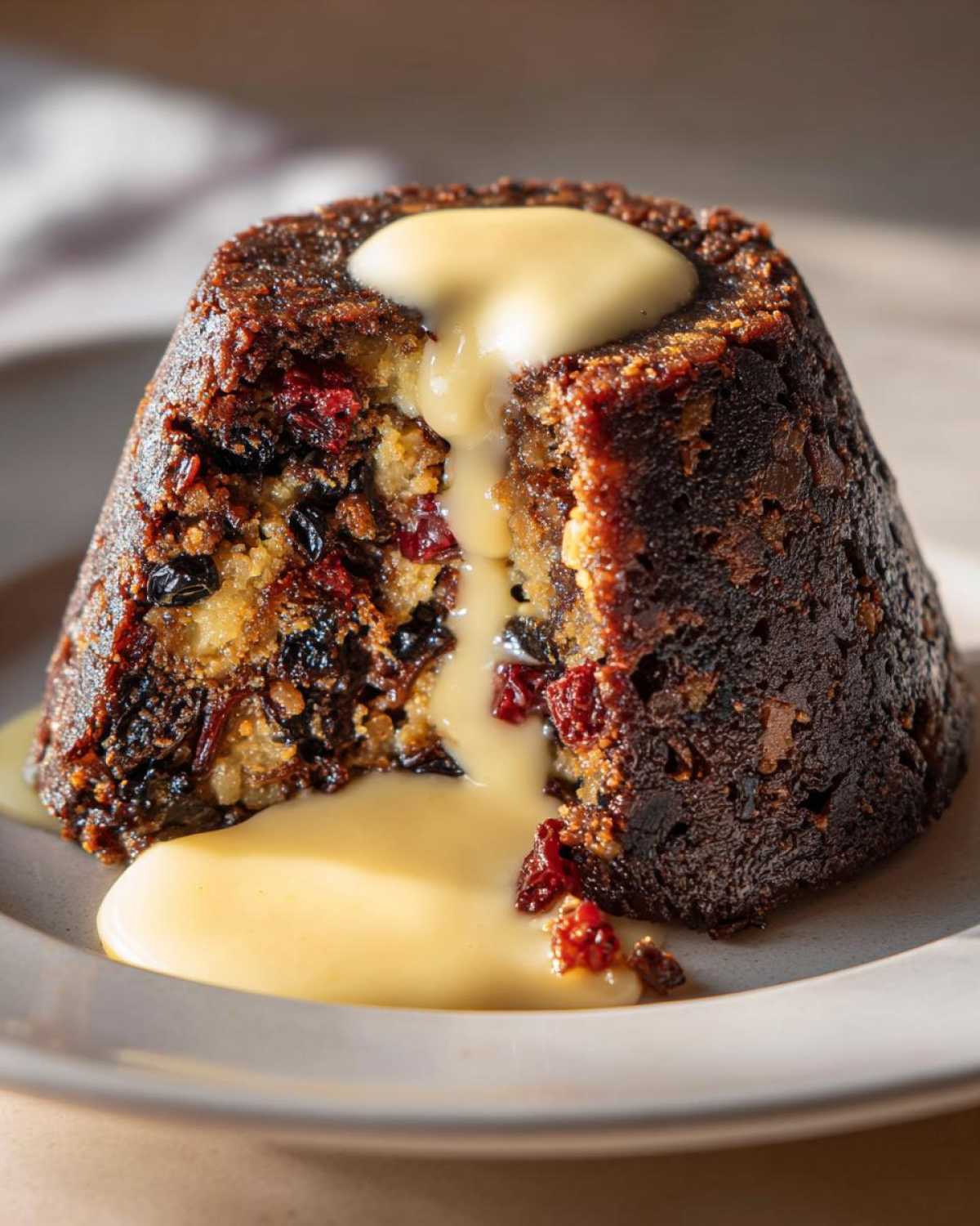 Close-up of a rich, dark plum pudding with a slice removed, generously topped with flowing vanilla custard.