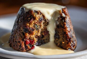 A close-up of a dark, moist plum pudding, cut open to show dried fruit, topped with thick vanilla sauce.