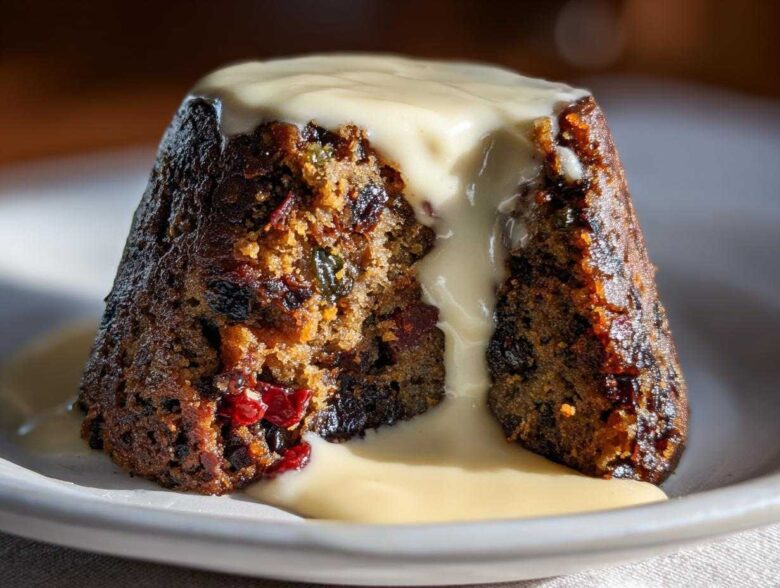 A close-up of a dark, moist plum pudding, cut open to show dried fruit, topped with thick vanilla sauce.