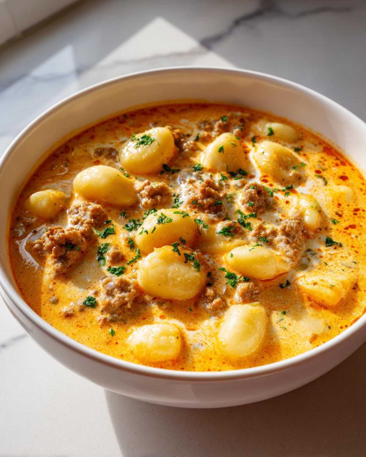 Close-up of a white bowl filled with rich, creamy sausage gnocchi soup, garnished with fresh parsley.