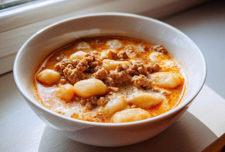 Close-up of a hearty bowl of creamy sausage gnocchi soup, featuring soft gnocchi and browned sausage.