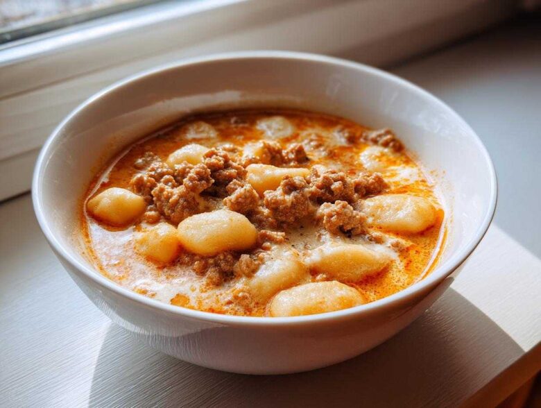 Close-up of a hearty bowl of creamy sausage gnocchi soup, featuring soft gnocchi and browned sausage.