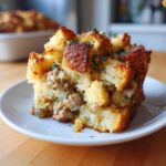 A close-up of a square serving of sausage stuffing on a white plate, featuring browned bread cubes and visible sausage pieces.