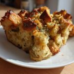 A golden-brown, crusty slice of sausage stuffing topped with fresh thyme, served on a white plate.