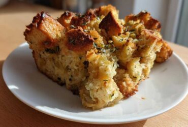 A golden-brown, crusty slice of sausage stuffing topped with fresh thyme, served on a white plate.