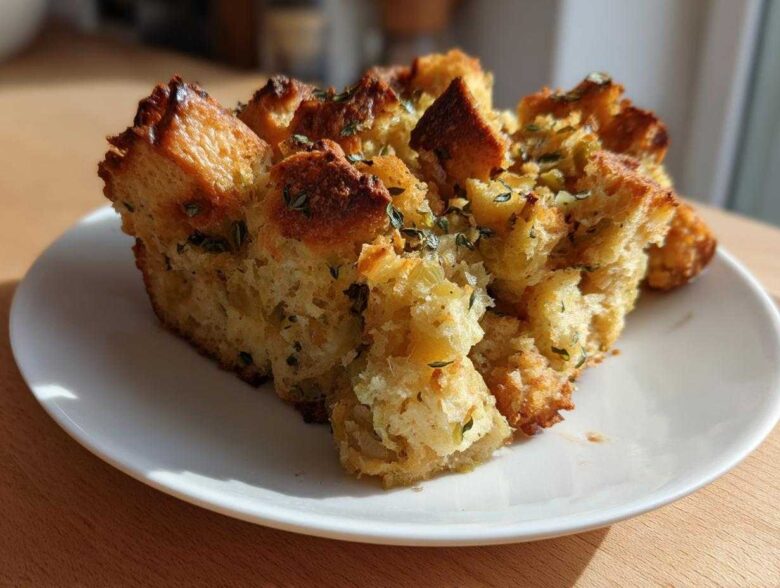 A golden-brown, crusty slice of sausage stuffing topped with fresh thyme, served on a white plate.