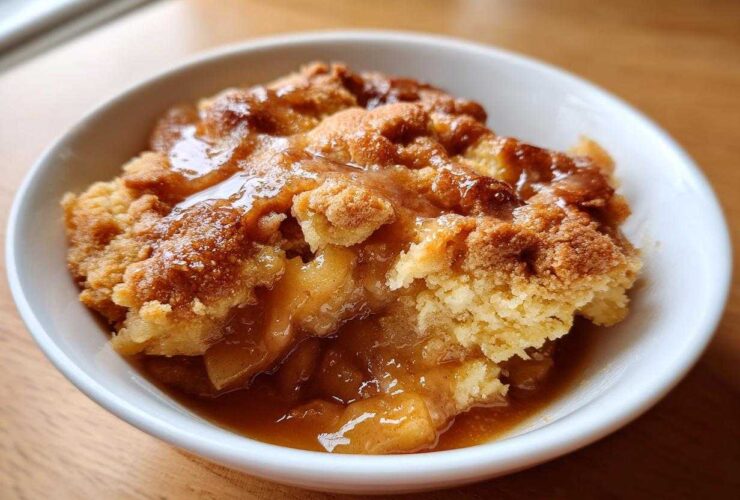 Close-up of a warm serving of apple cobbler in a white bowl, topped with rich caramel sauce.