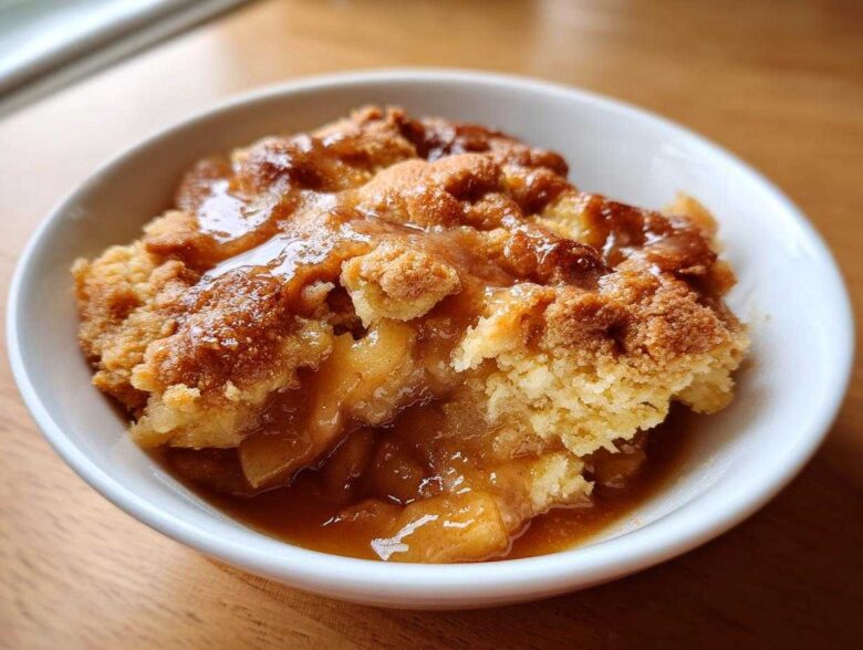 Close-up of a warm serving of apple cobbler in a white bowl, topped with rich caramel sauce.