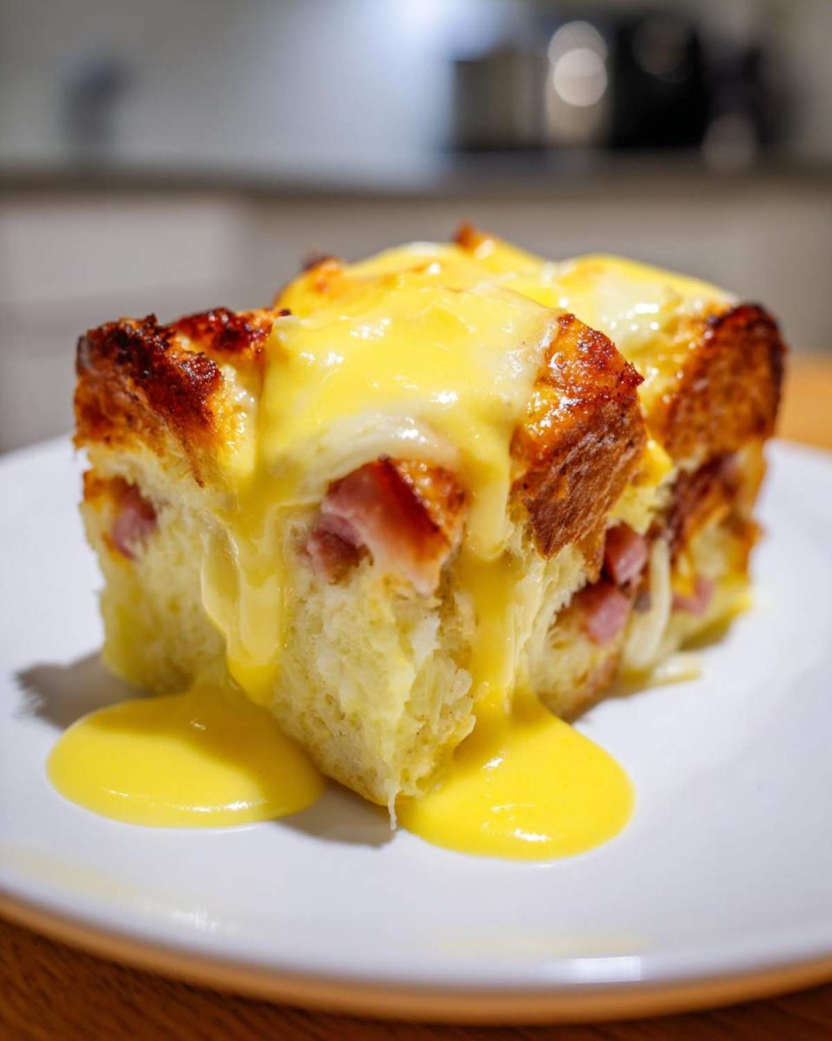 Two servings of baked eggs benedict casserole topped with melted cheese and rich Hollandaise sauce dripping onto a white plate.