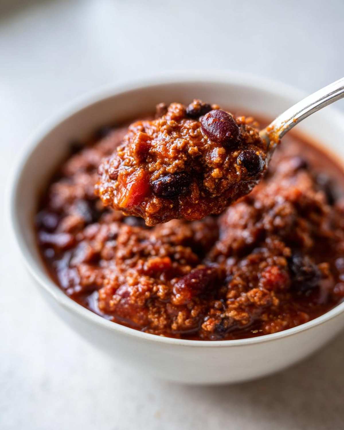 Close-up of a spoonful of rich, thick high protein chili being lifted from a white bowl.