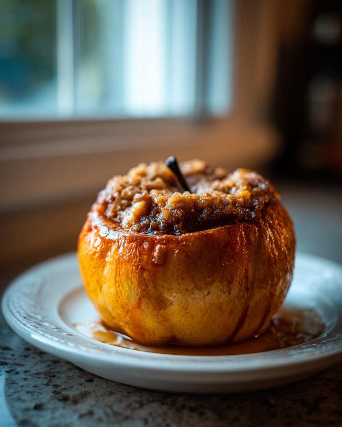 A close-up of a single, golden brown baked apples dessert topped with a rich, dark crumble filling.