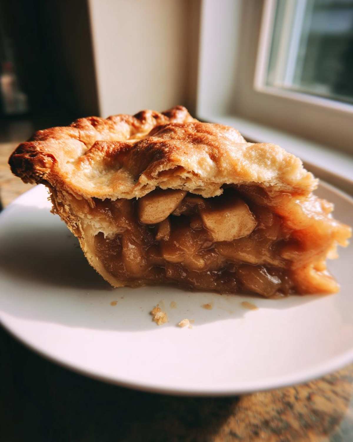 Close-up of a thick slice of apple pie recipe showing flaky golden crust and caramelized apple filling.