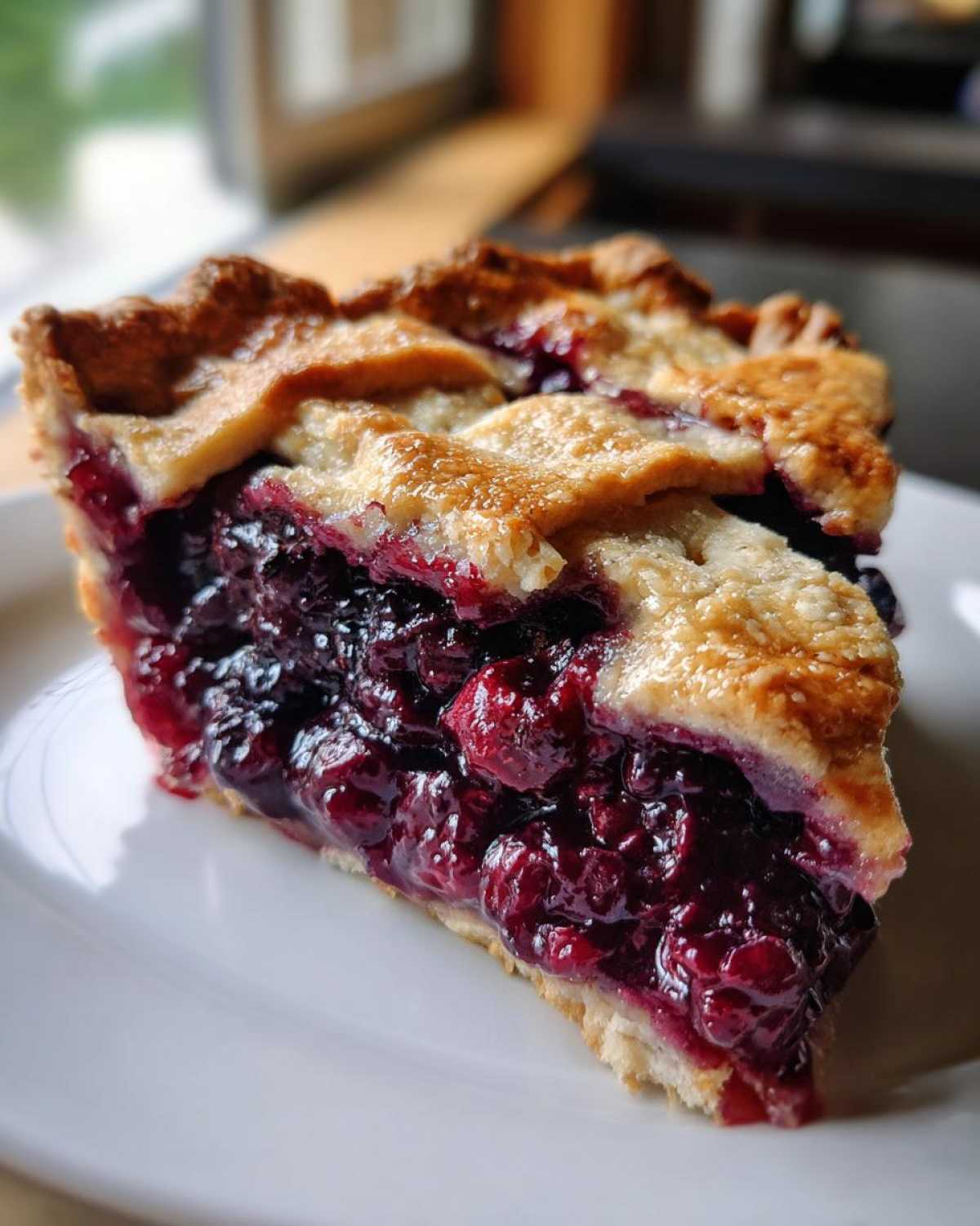 A close-up of a thick slice of blackberry pie showing juicy filling and golden lattice crust.