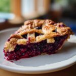 A close-up of a juicy slice of blackberry pie with a golden lattice crust sitting on a white plate.