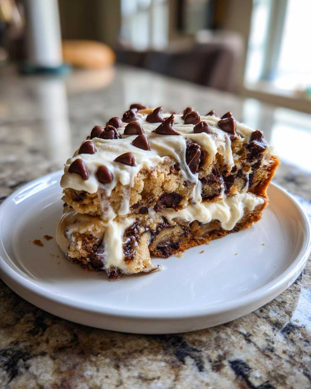 A decadent slice of chocolate chip cookie cake recipe, layered with frosting and topped with chocolate chips.