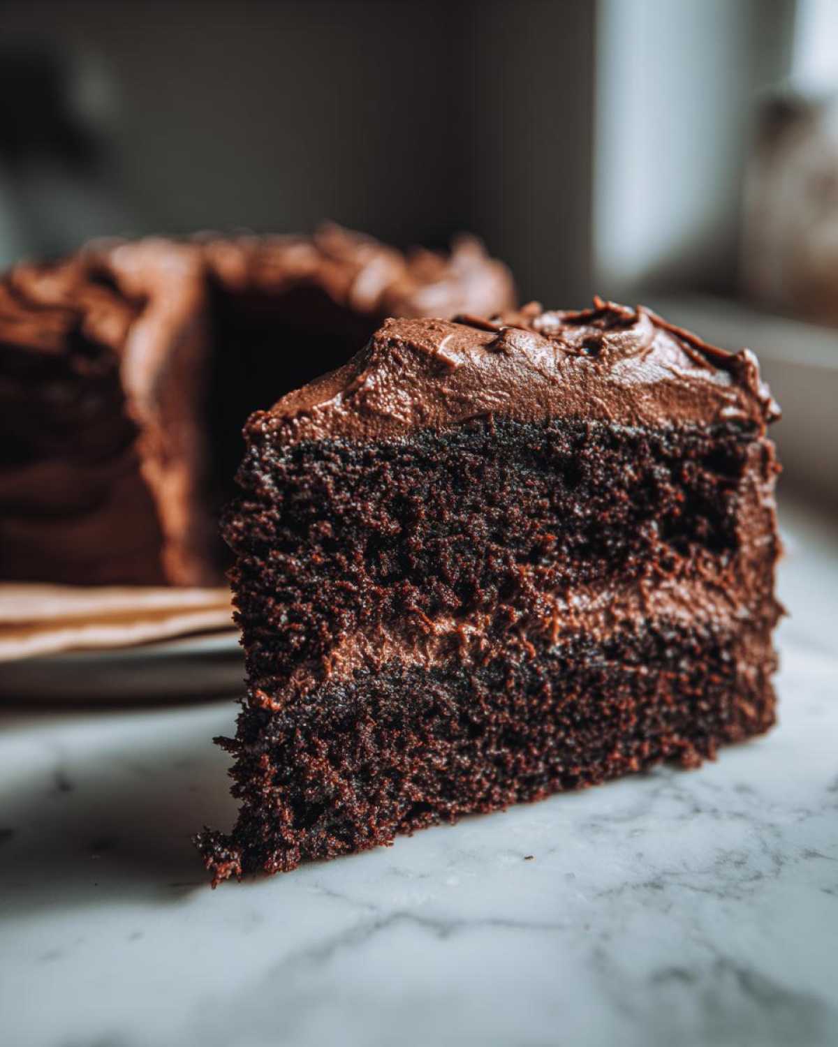 Close-up of a moist slice of homemade chocolate cake with thick chocolate frosting layers.