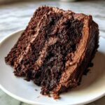 Close-up of a generous slice of rich, dark homemade chocolate cake layered with creamy chocolate frosting on a white plate.
