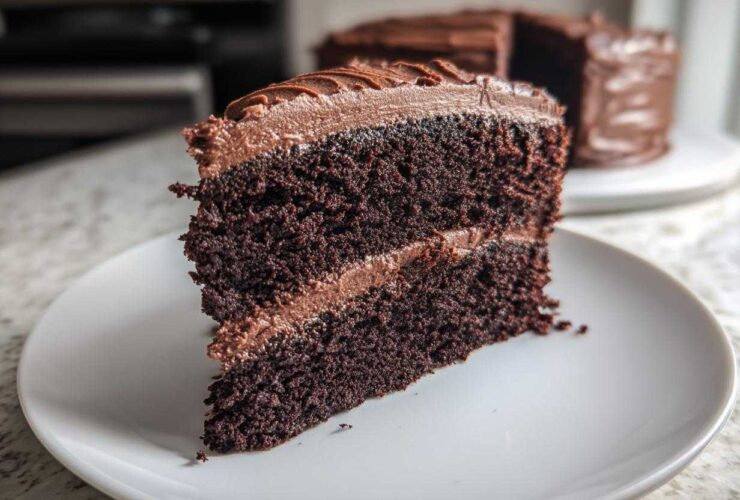 Close-up of a moist slice of homemade chocolate cake layered with rich chocolate frosting on a white plate.