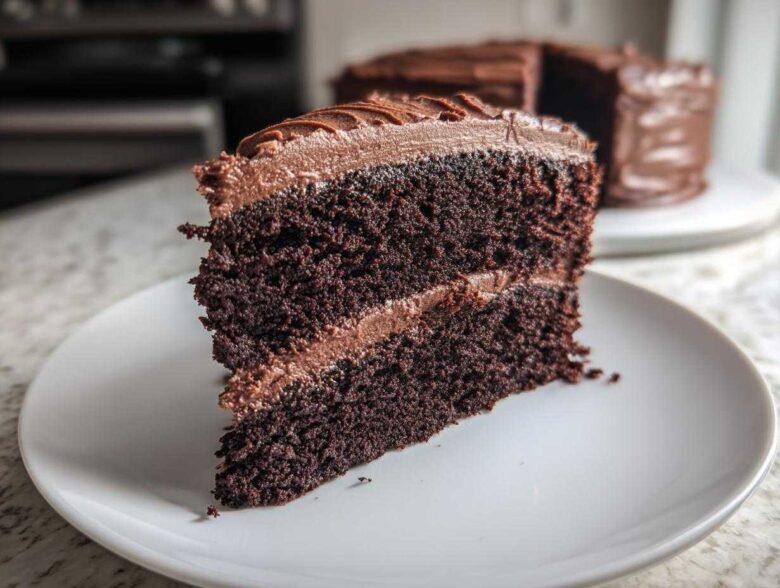 Close-up of a moist slice of homemade chocolate cake layered with rich chocolate frosting on a white plate.