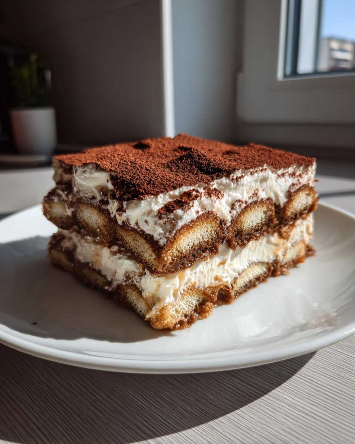 A perfect square slice of homemade tiramisu recipe showing layers of ladyfingers and cream, dusted heavily with cocoa powder.