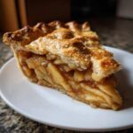 Close-up of a thick slice of ultimate apple pie recipe showing caramelized apple filling and a golden, flaky lattice crust.