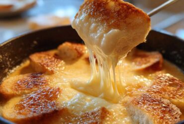 A piece of toasted bread is lifted from a pot of smooth cheese fondue, showing long, gooey cheese pulls.