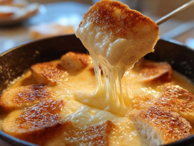 A piece of toasted bread is lifted from a pot of smooth cheese fondue, showing long, gooey cheese pulls.