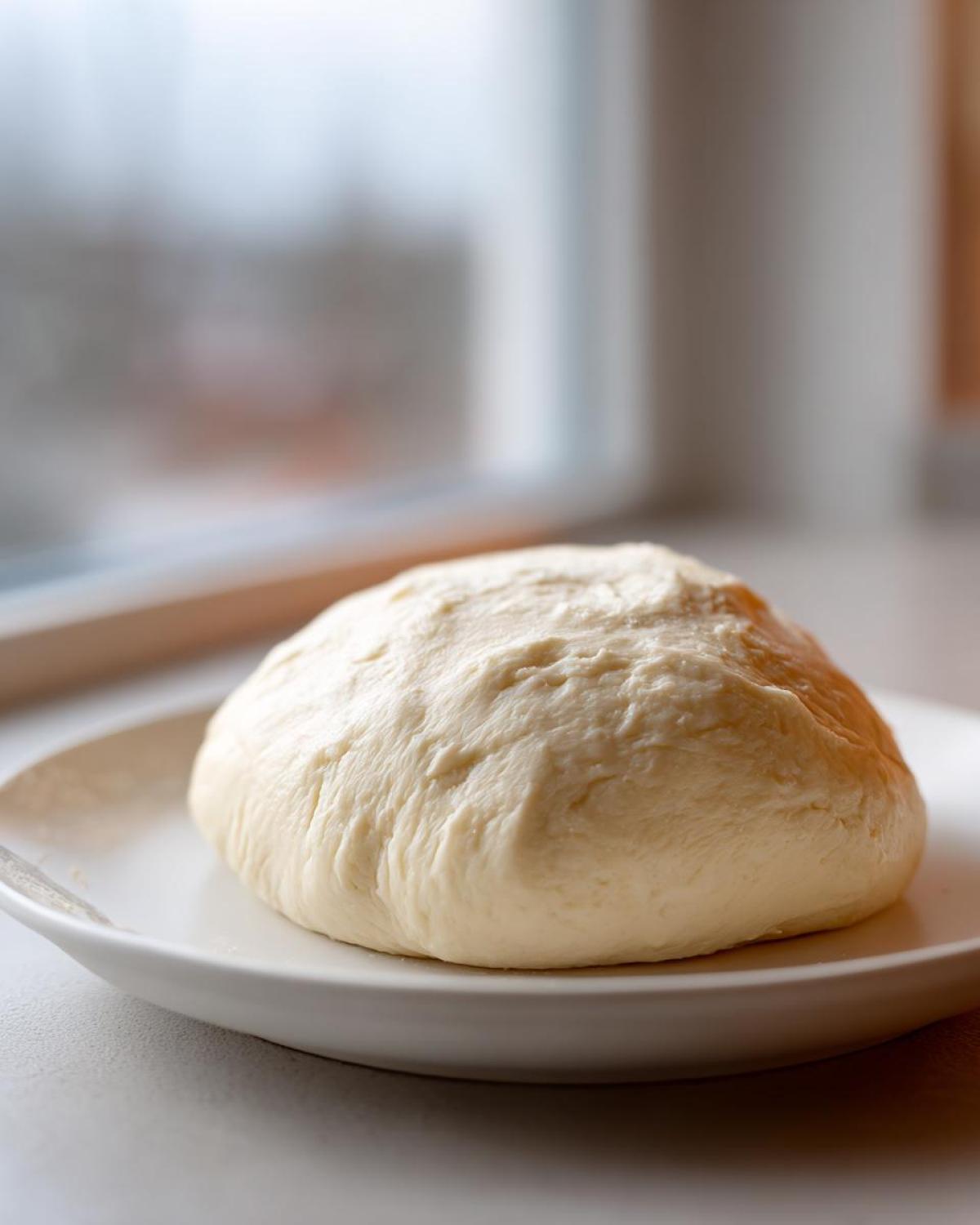 A smooth, pale ball of prepared fufu dough resting on a white plate, ready for cooking.