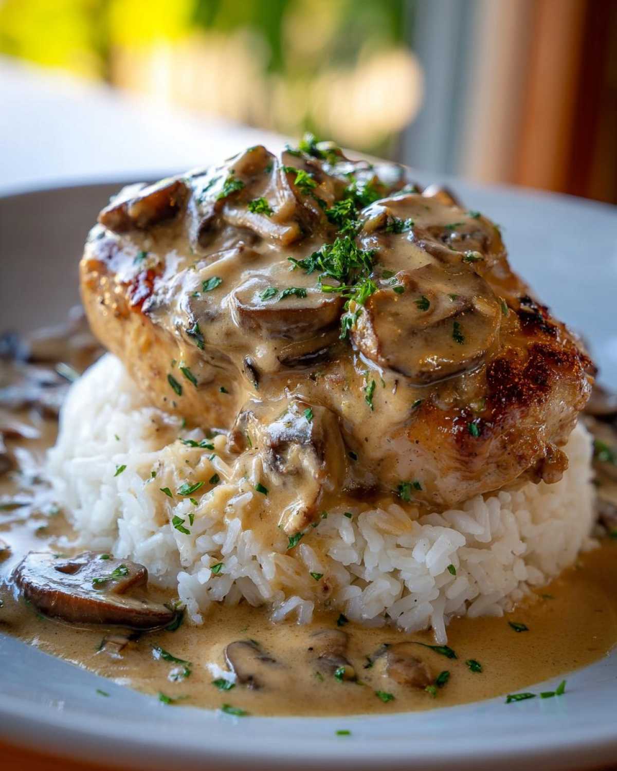 Close-up of smothered chicken and rice topped with a rich, creamy mushroom sauce and fresh parsley.