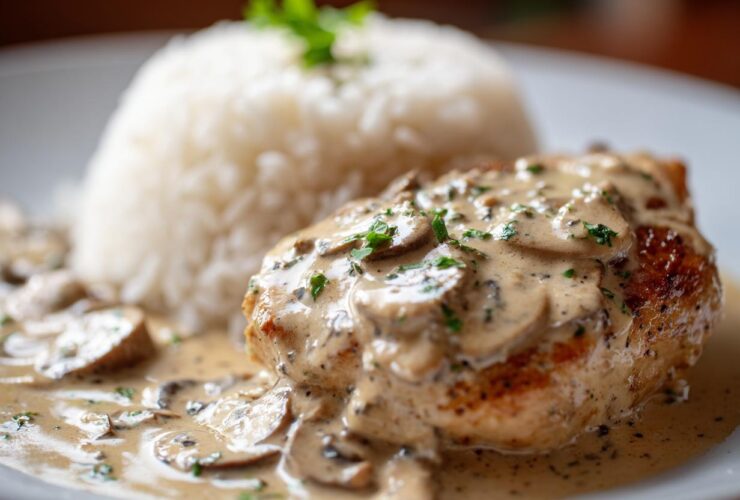 Close-up of smothered chicken and rice featuring a seared chicken breast covered in creamy mushroom sauce next to a mound of white rice.