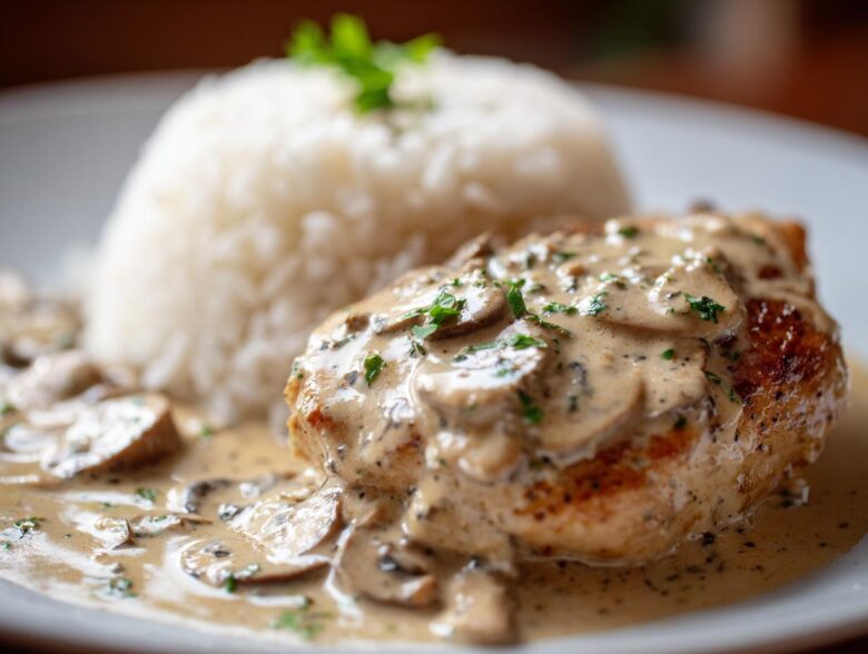 Close-up of smothered chicken and rice featuring a seared chicken breast covered in creamy mushroom sauce next to a mound of white rice.